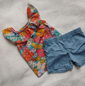 Cute 2 Piece Summer Top & Short Set | Orange Floral Denim | 2T